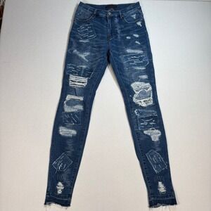 Amiri Jeans Men's 28x33 Blue Skinny Tapered Stitches Patches‎ Ripped Distress